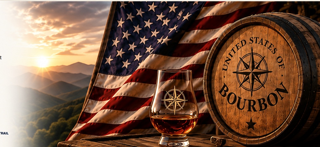 United States of Bourbon — American flag, bourbon glass and branded barrel
